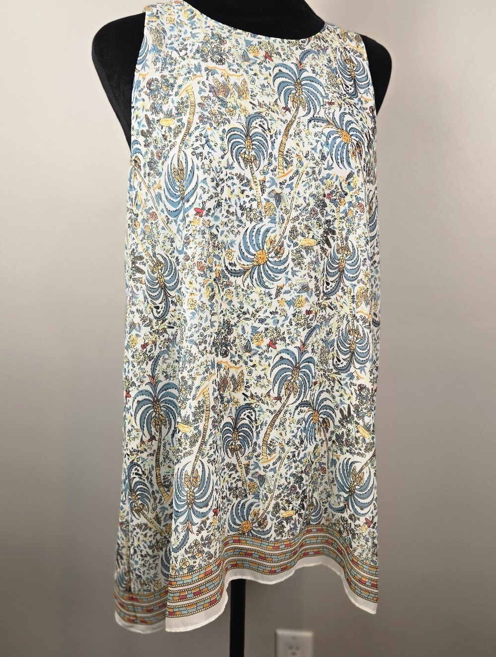 Max Studio White Floral Palm-Print Tunic with Blue and Gold Accents